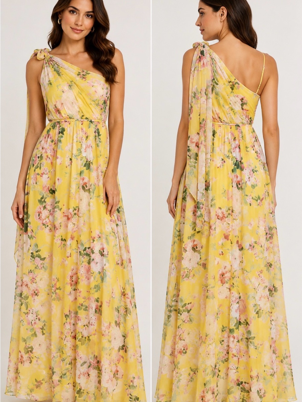 NWT Adrianna Papell Yellow Floral One Shoulder Chiffon Gown Size 10